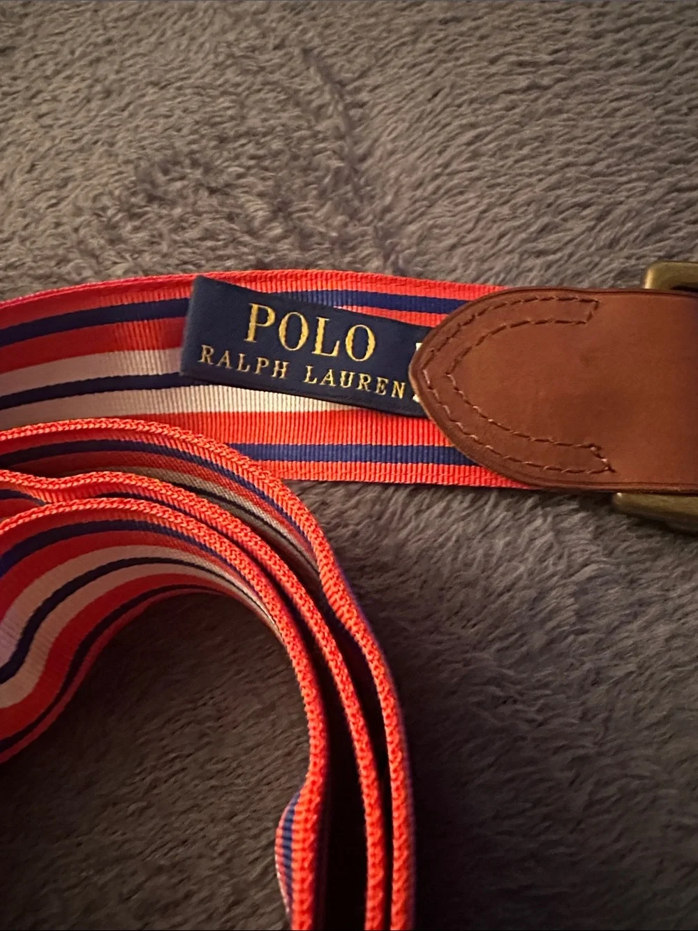 Polo Ralph Lauren Striped Orange, White & Blue Strip Belt with Leather Trim